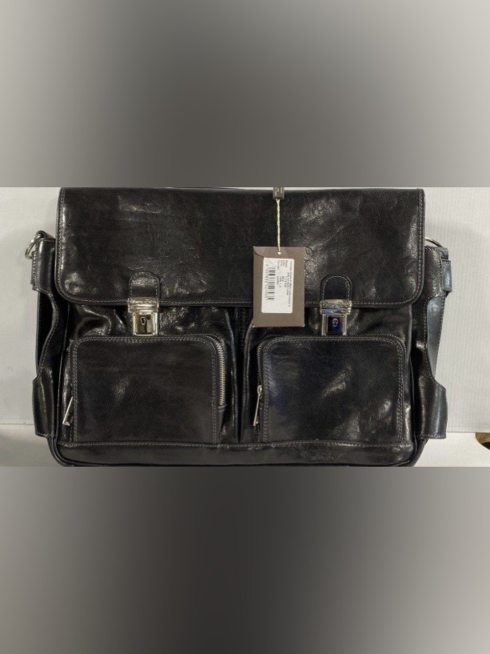 Full Grain Italian Black Leather Messenger Bag briefcase with Front Pockets NWT